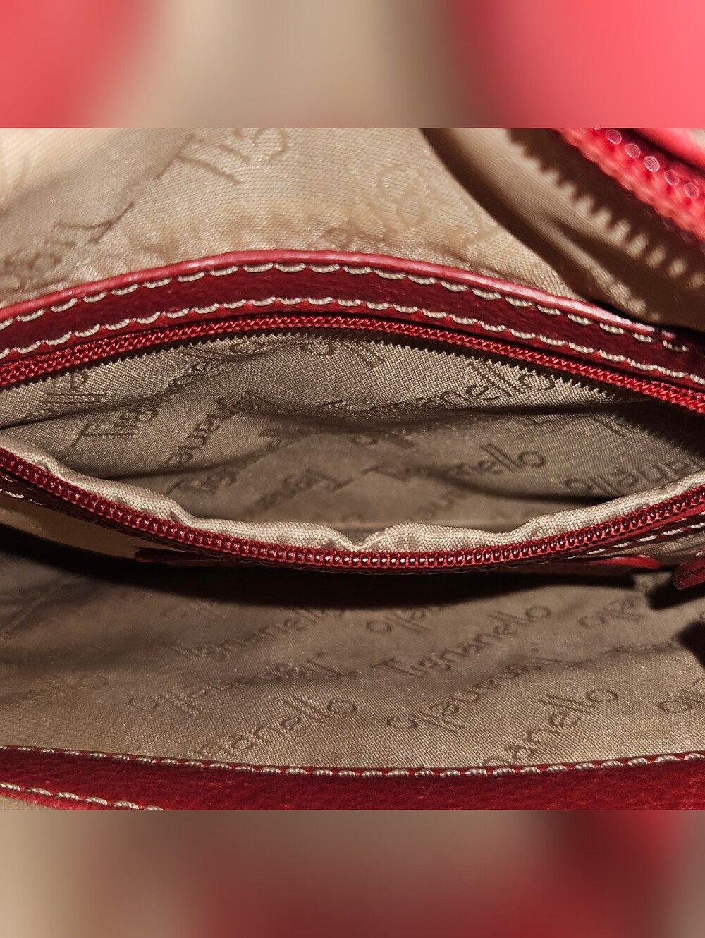 Tignanello Red Leather Crossbody with Front Zip Pockets - Picture 9 of 13